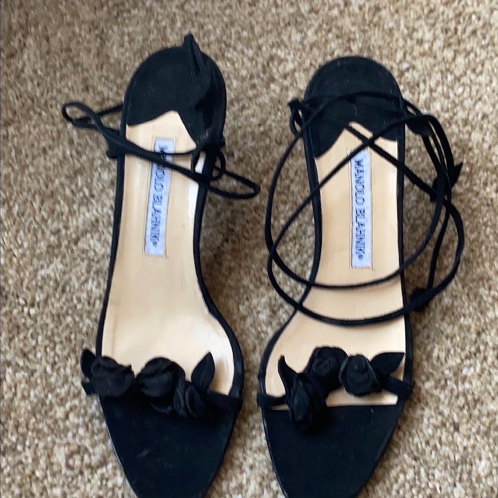 Black suede Manolo Blahnik tie up sandals